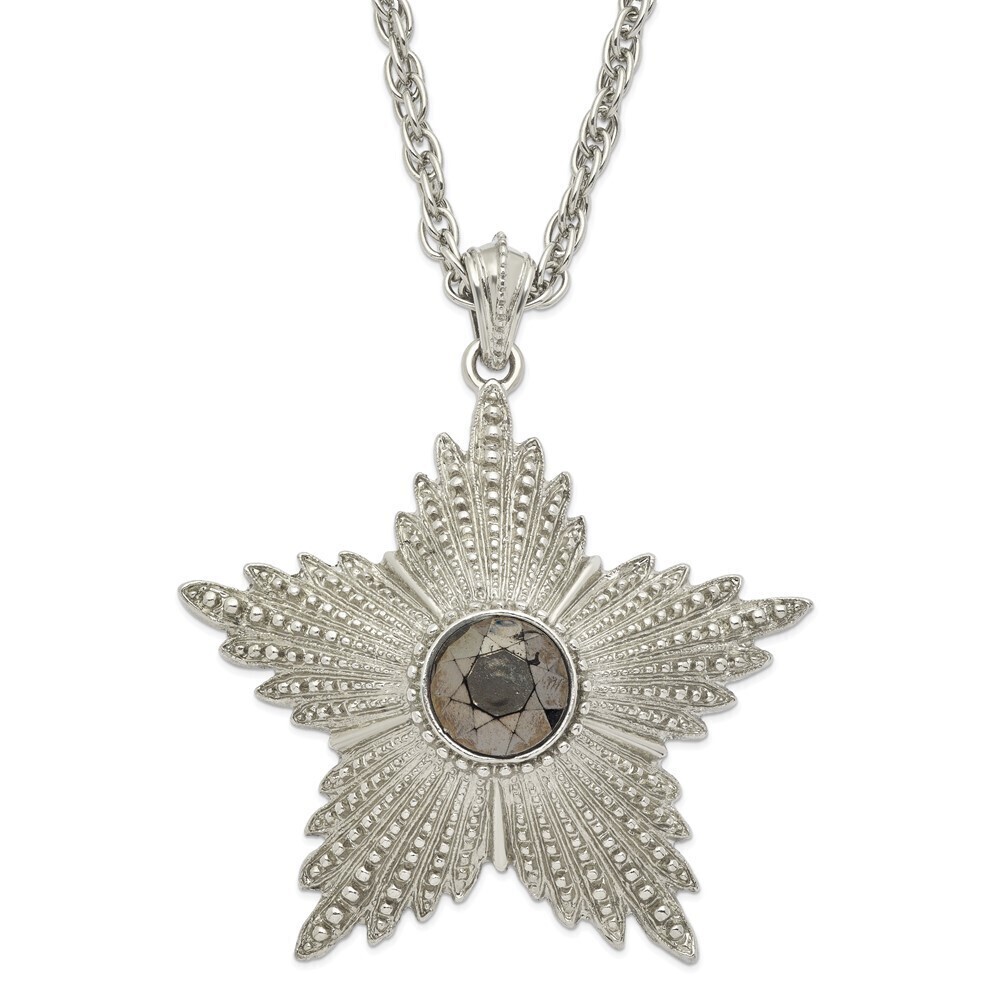 1928 Large Textured Hematite Epoxy Faceted Stone Center Star 32 inch Necklace